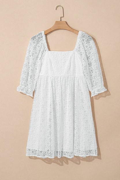 White Floral Lace Puff Sleeve Empire Waist Mini Dress