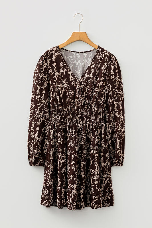 Brown Ditsy Floral Print Split Neck Long Sleeve Shirred Waist Flared Mini Dress