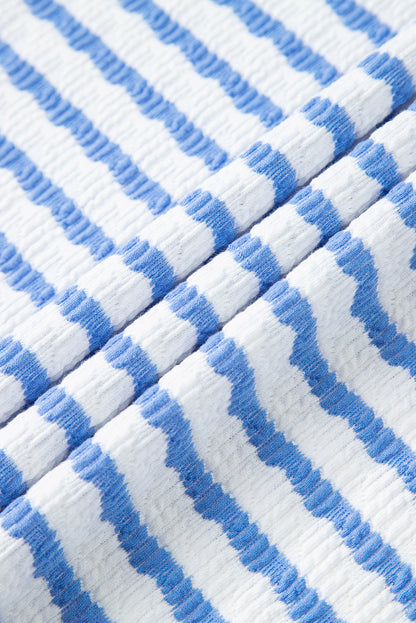 Sky Blue Stripe Knitted Short Sleeve Top and Drawstring Shorts Set