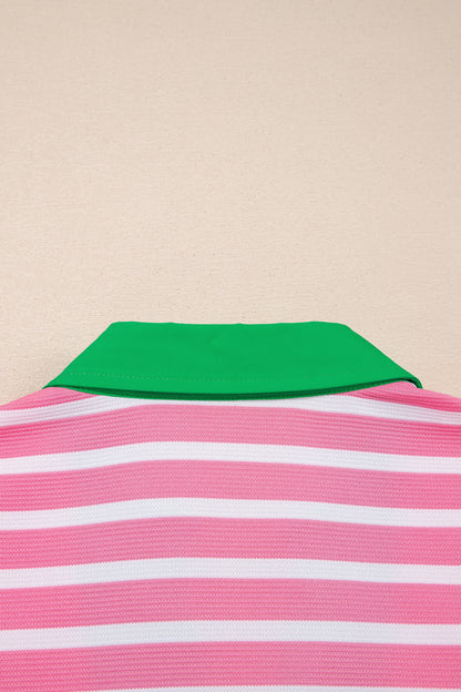 Pink Stripe Short Puff Sleeve Color Block Polo Collar Blouse
