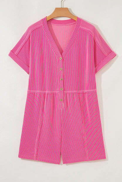 Bright Pink Spiral Ribbed Short Sleeve V Neck Buttoned Romper with Pocket
