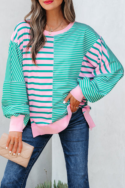 Green Stripe Mix Pattern Color Block Patchwork Side Slit Baggy Sweatshirt