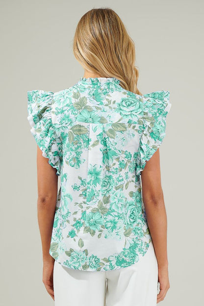 Green Floral Print Ruffle Sleeve Frilly Button Up Shirt
