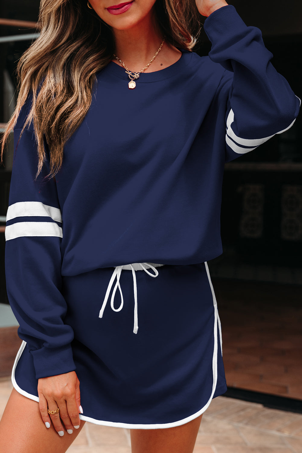 Evergreen Varsity Stripe Detail Drop Shoulder Pullover Mini Skirt Set