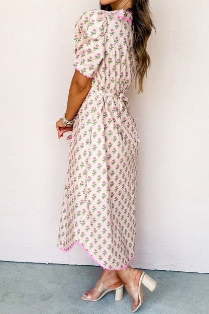 Pink Floral Print V Neck Scallop Trim Button Front Short Sleeve Long Dress