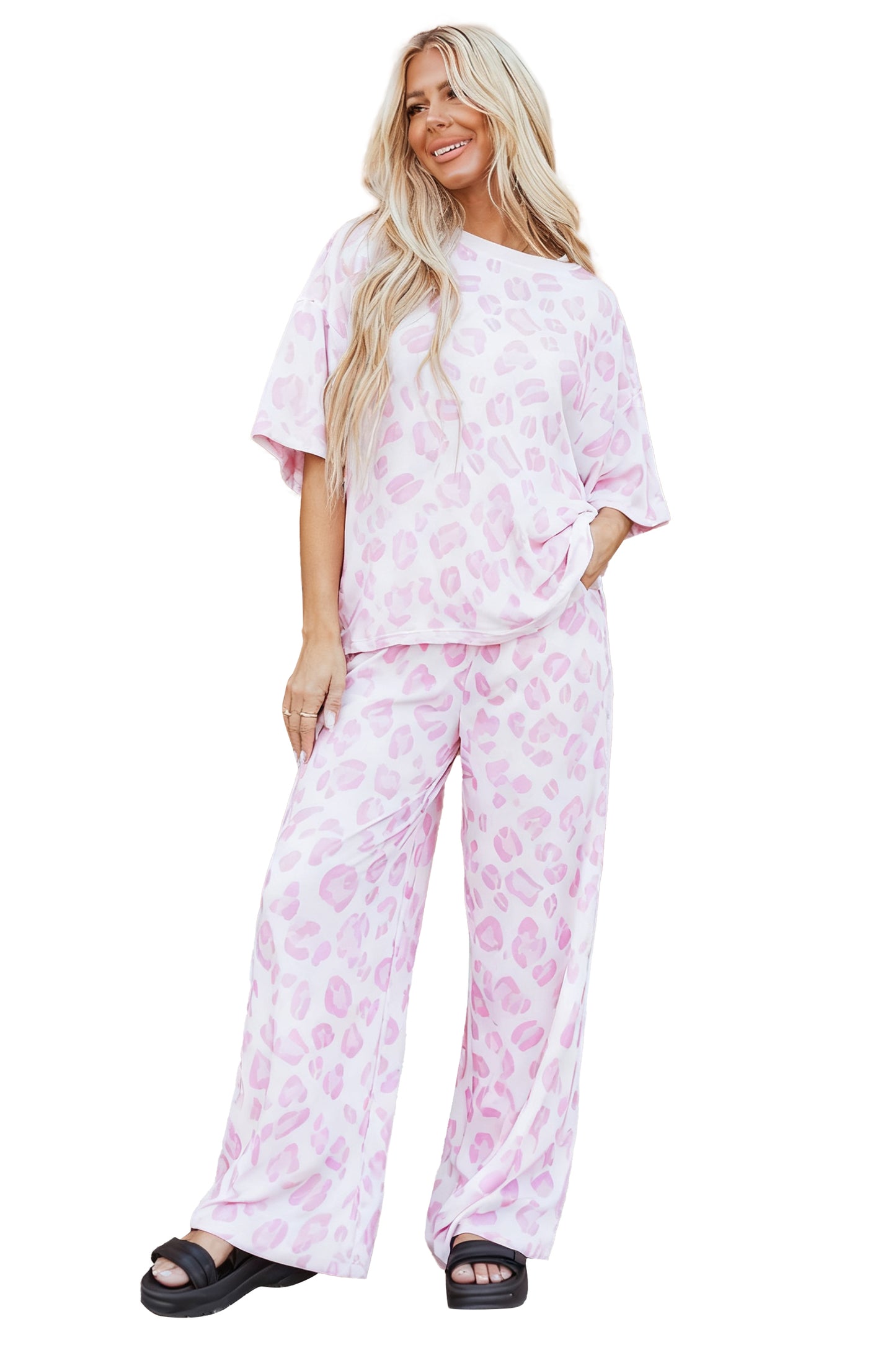 Pink Leopard Two Piece Top and Pants Set