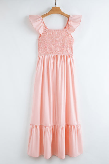 Pink V Neck Flutter Sleeve Smocked Bodice High Waist Ruffle Maxi Dress