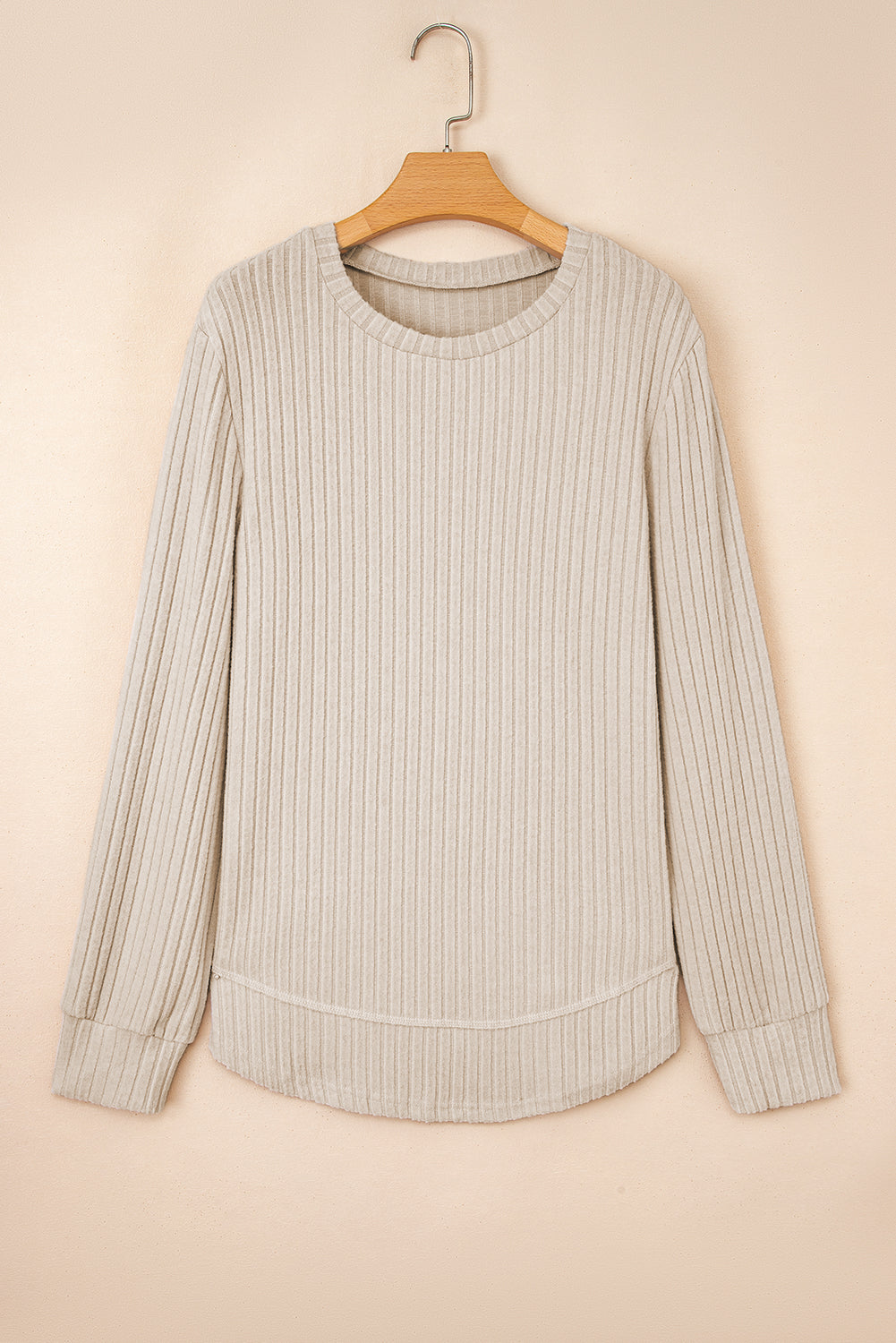 Jet Stream Ribbed Texture Round Neck Long Sleeve Rounded Hem Knit Top