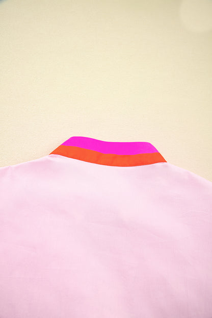 Pink Contrast Striped V Neck Collision Short Puff Sleeve Blouse