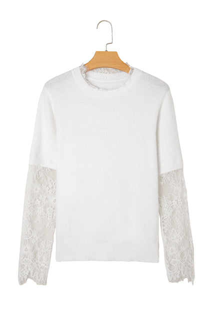 Beige Lace Sleeve Patchwork Faux Two-piece Fuzzy Sweater