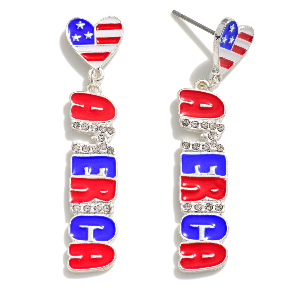 Silver Toned America Drop Earrings With Rhinestone Accent - OBX Prep