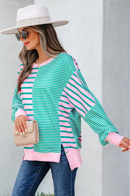 Green Stripe Mix Pattern Color Block Patchwork Side Slit Baggy Sweatshirt
