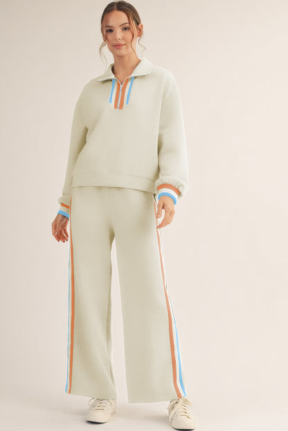 Apricot Striped Patchwork Quarter Zip Pullover Loose Pant Set
