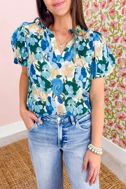 Sky Blue Floral Print Short Puff Sleeve V Neck Blouse