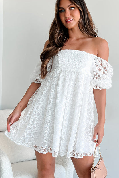 White Floral Lace Puff Sleeve Empire Waist Mini Dress