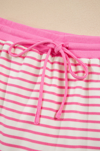 Green Stripe Collared V Neck Drop Shoulder Pullover and Skort 2pcs Outfit