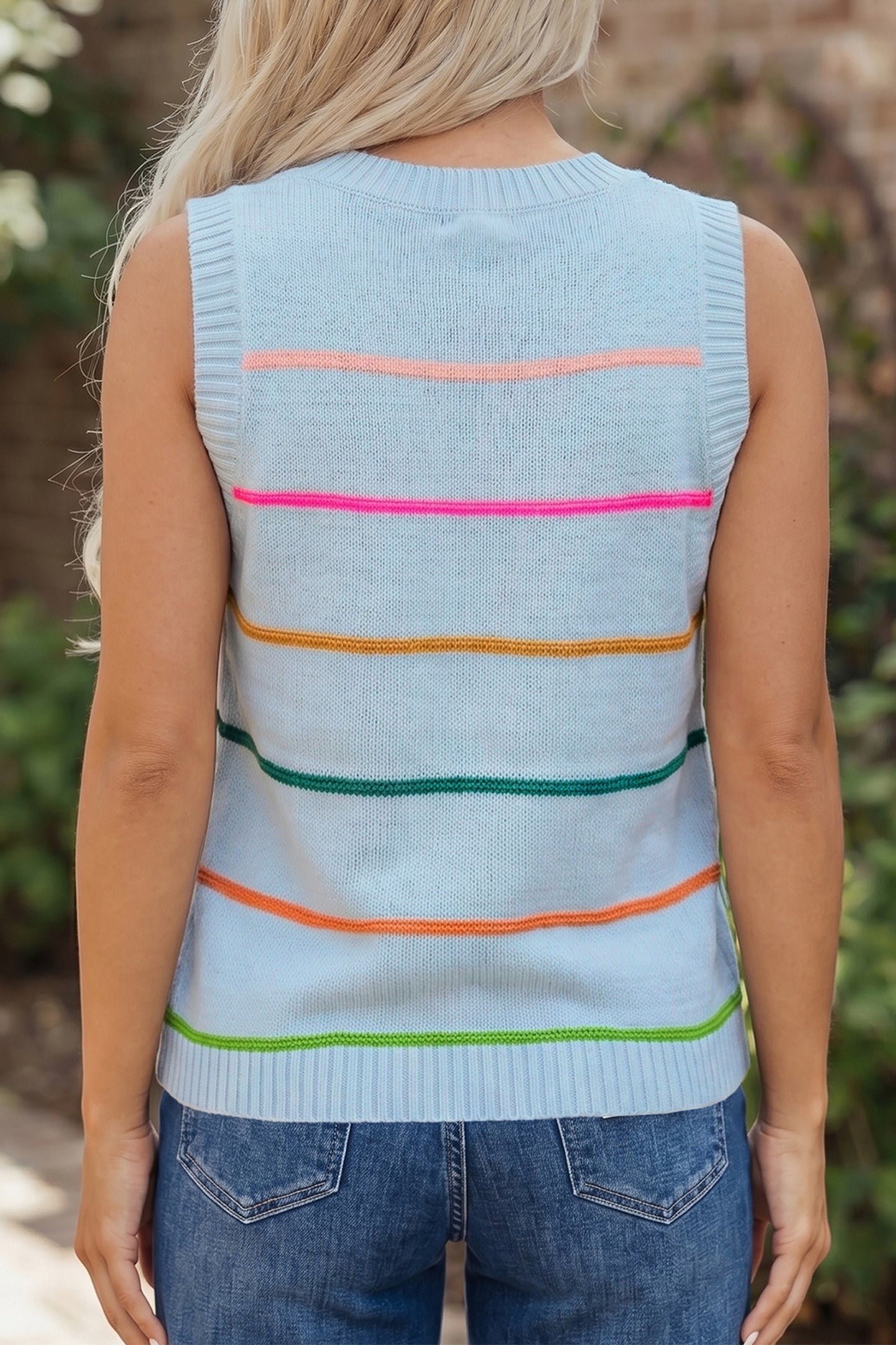Purple Stripe Round Neck Knitted Sweater Tank