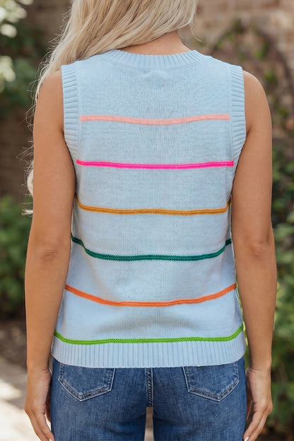Purple Stripe Round Neck Knitted Sweater Tank