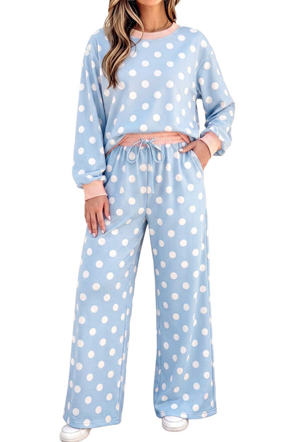 Khaki Polka Dot Contrast Trim Long Sleeve Top Drawstring Shift Pants Set