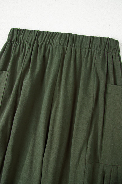 Jungle Green Drawstring Elastic Waist Patch Pocket Barrel Leg Casual Pants