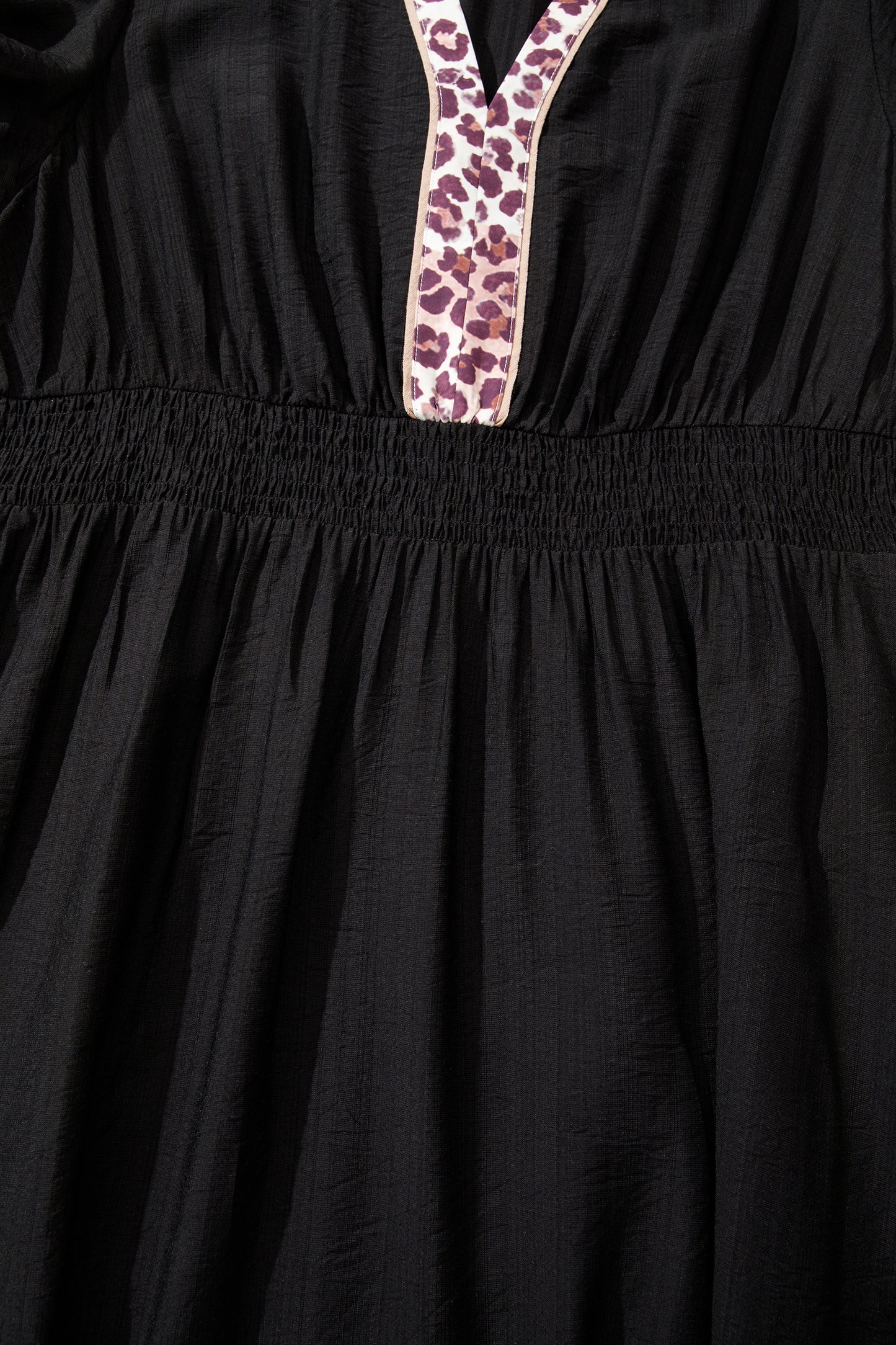 Black Leopard V Neck Patchwork Smocked Waist Plus Size Ruffled Dress