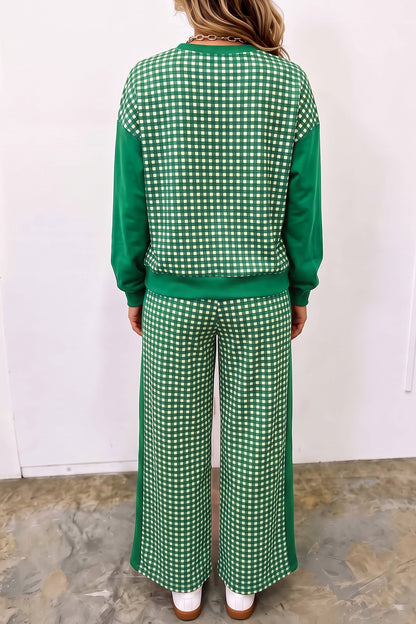 Pink Color Block Plaid Patchwork Long Sleeve Pullover Wide Leg Pant Set