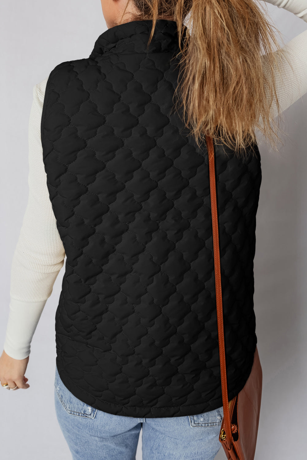 Black Flower Shape Quilted Snap Button Zip Up Winter Vest