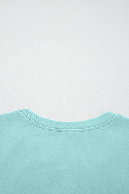 Mint Green Raw Cut Notched Neck Lace Patchwork Detail Mineral Wash Tee