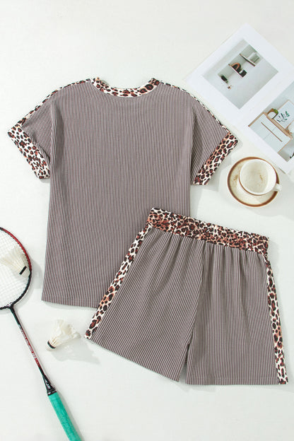 Sky Blue Leopard Trim Twist Ribbed Short Set