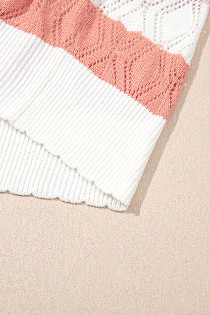 Rose Stripe Colorblock Hollowed Knit Scallop Edge Sweater Vest