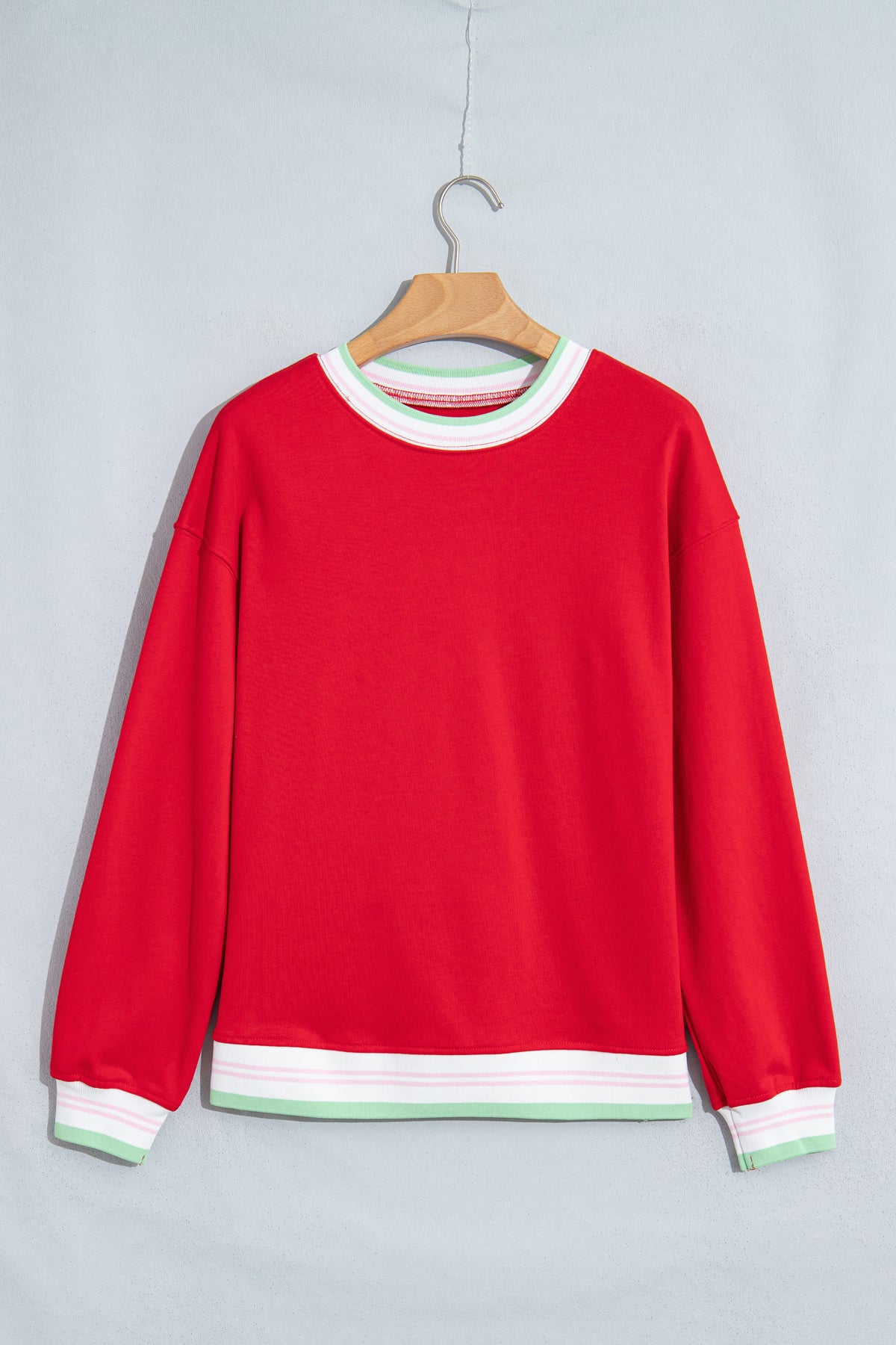Light Pink Contrast Striped Trim Baggy Pullover Sweatshirt