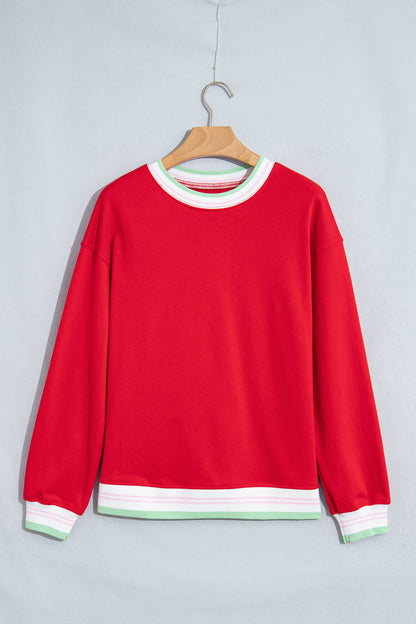 Light Pink Contrast Striped Trim Baggy Pullover Sweatshirt