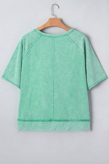 Mint Green Half Buttons Raw Seam Raglan Sleeve Mineral Wash T Shirt