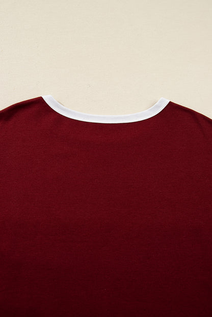 Red Dahlia Cheerful Daisy Flower Patched Round Neck Long Sleeve Top