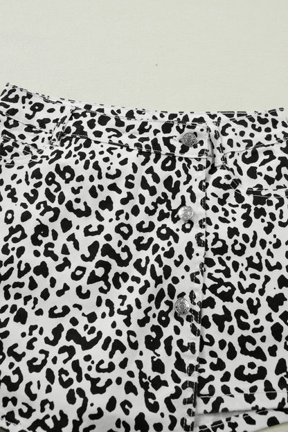 Brown Leopard Print Button Overlap Denim Shorts