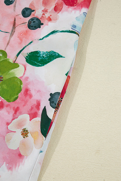 Red Floral Contrast Striped V Neck Puff Half Sleeve Shift Dress