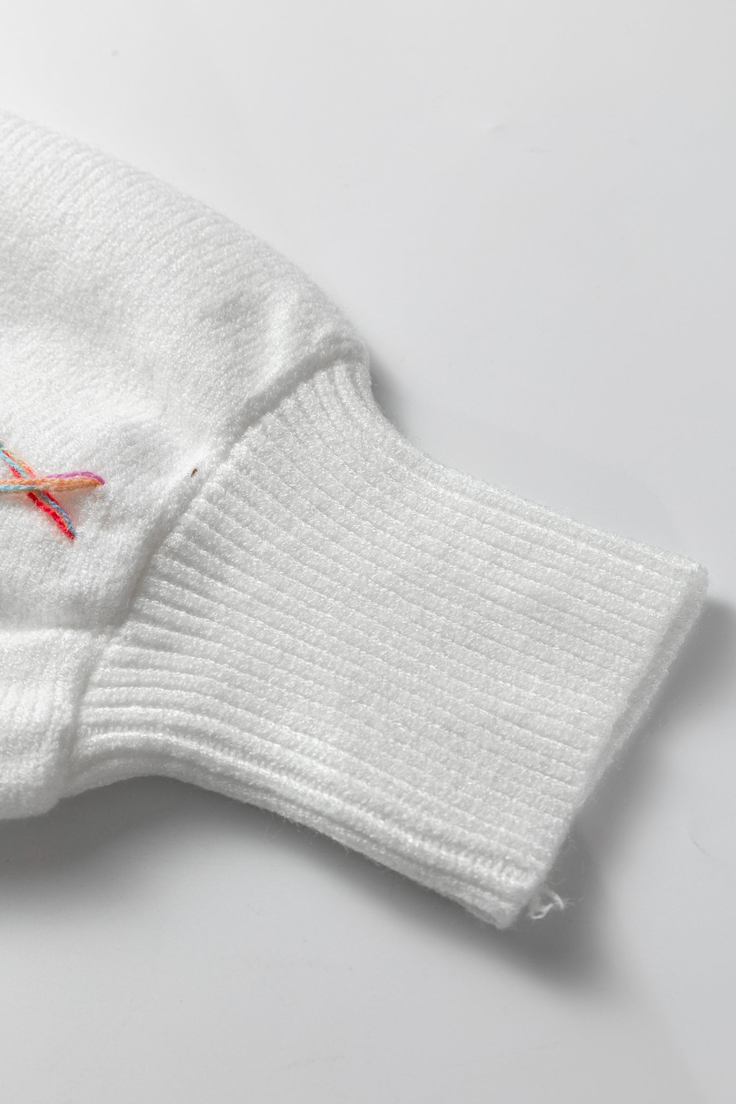 White Rainbow Stitching Balloon Sleeve Relaxed Sweater