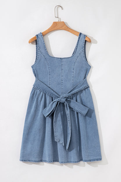 Myosotis Square Neck Bowknot A-line Sleeveless Denim Dress