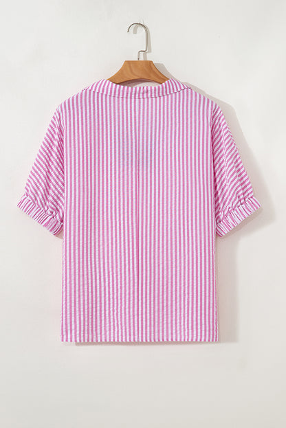 Sachet Pink Striped Print Contrast Split Neck Dolman Sleeve Blouse