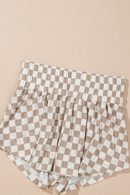 Brown Checkerboard T Shirt and High Waist Skorts 2 Piece Outfit