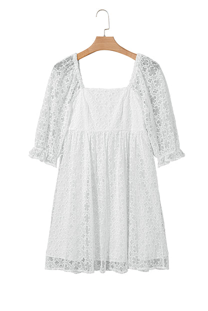 White Floral Lace Puff Sleeve Empire Waist Mini Dress