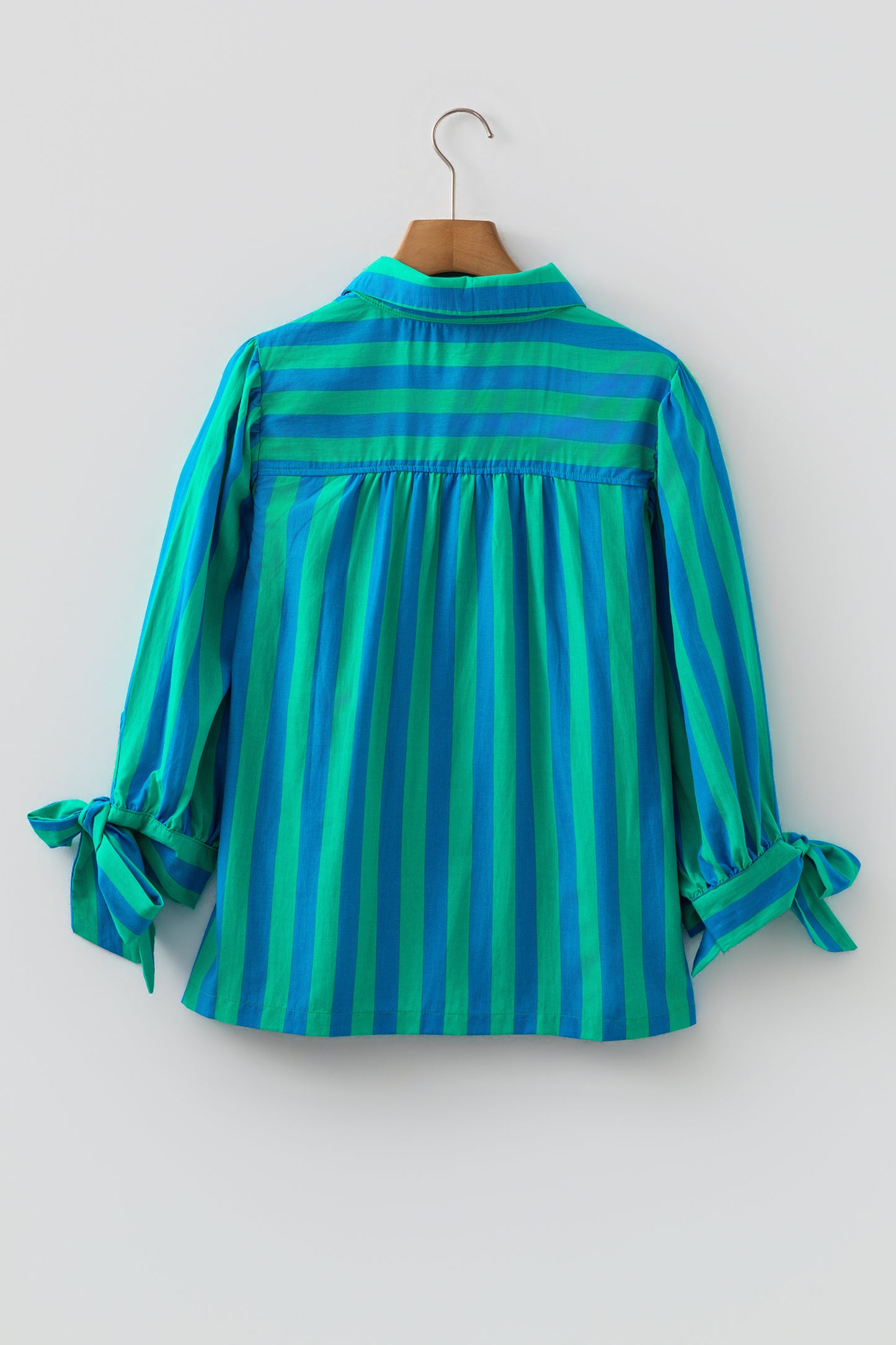 Blue Stripe Tie Puff Sleeve Womens Button Down Shirt