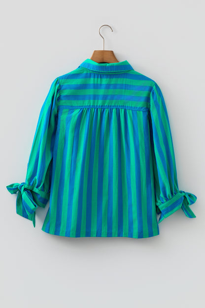Blue Stripe Tie Puff Sleeve Womens Button Down Shirt
