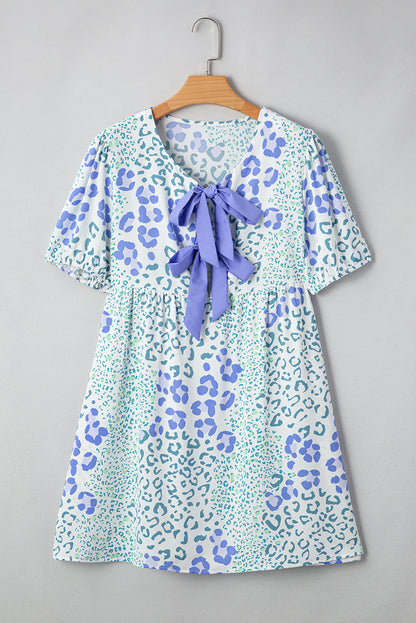 Sky Blue Leopard Contrast Bow Puff Sleeve Mini Dress