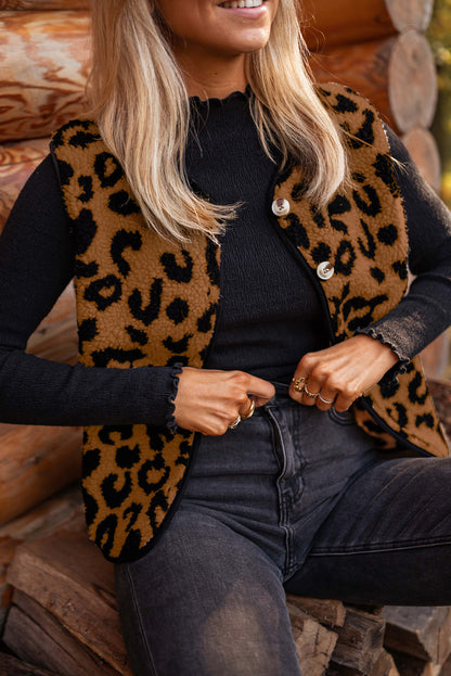 Chestnut Leopard Print Sherpa Vest Coat