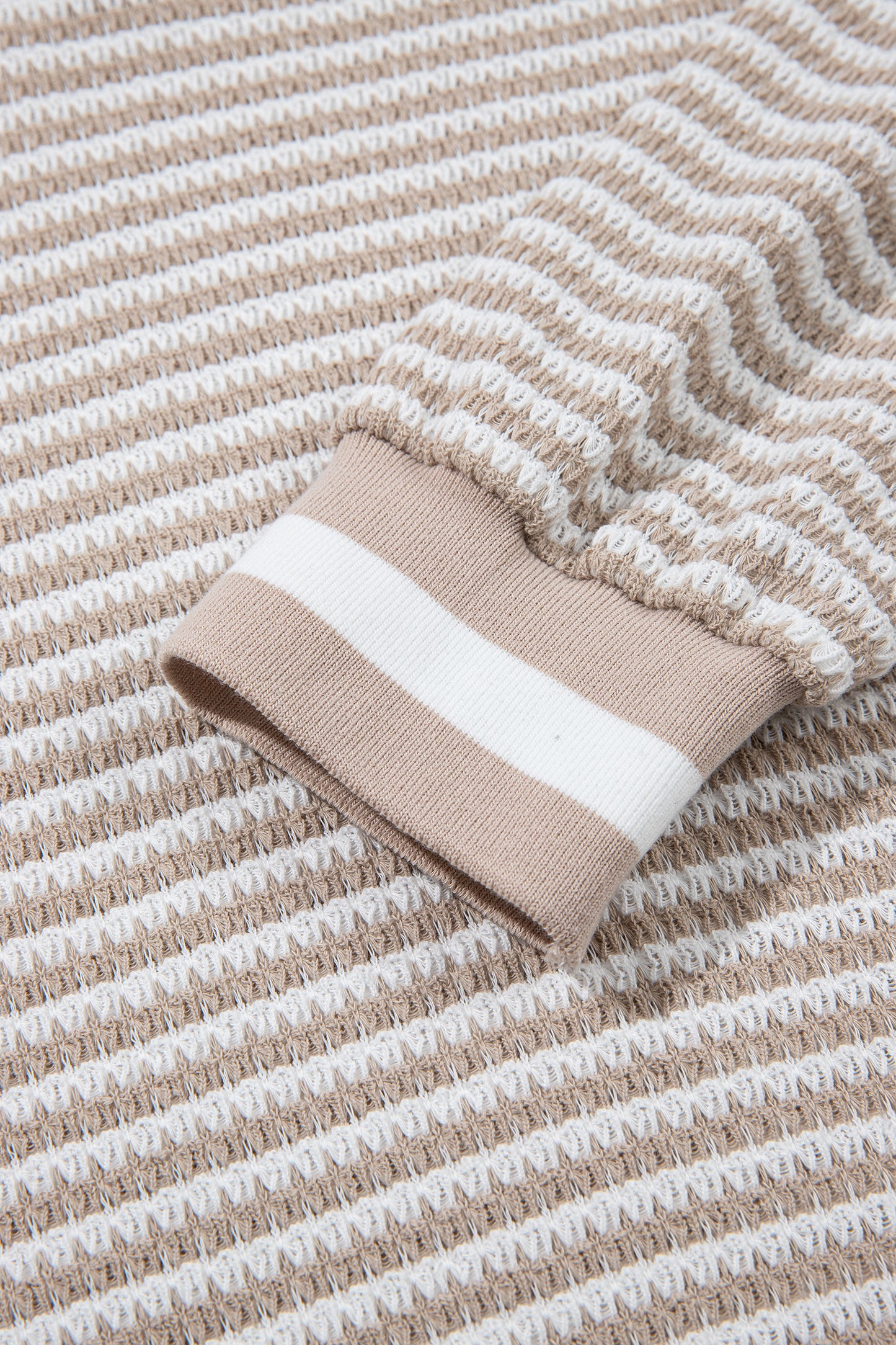 Beige Striped Textured Knit V Neck Casual Top