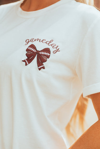 White Game Day Bowknot Embroidered Graphic Casual Tee