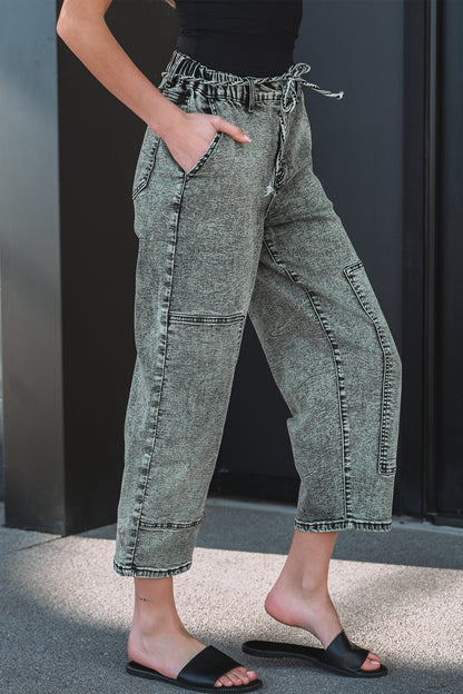 Gray Acid Wash Barrel Fit Denim Pants with Waist String