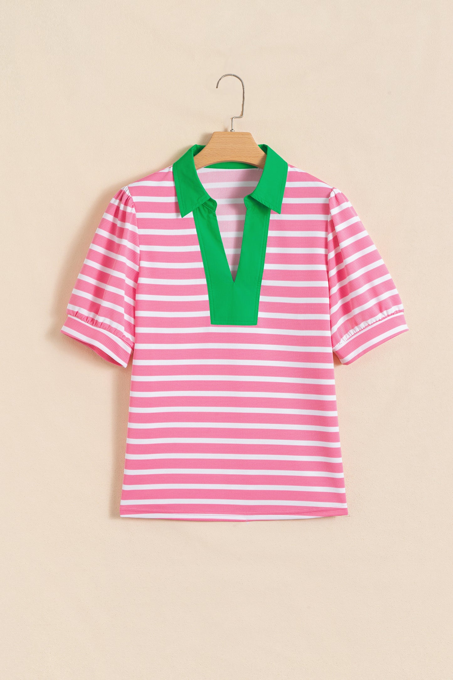 Pink Stripe Short Puff Sleeve Color Block Polo Collar Blouse
