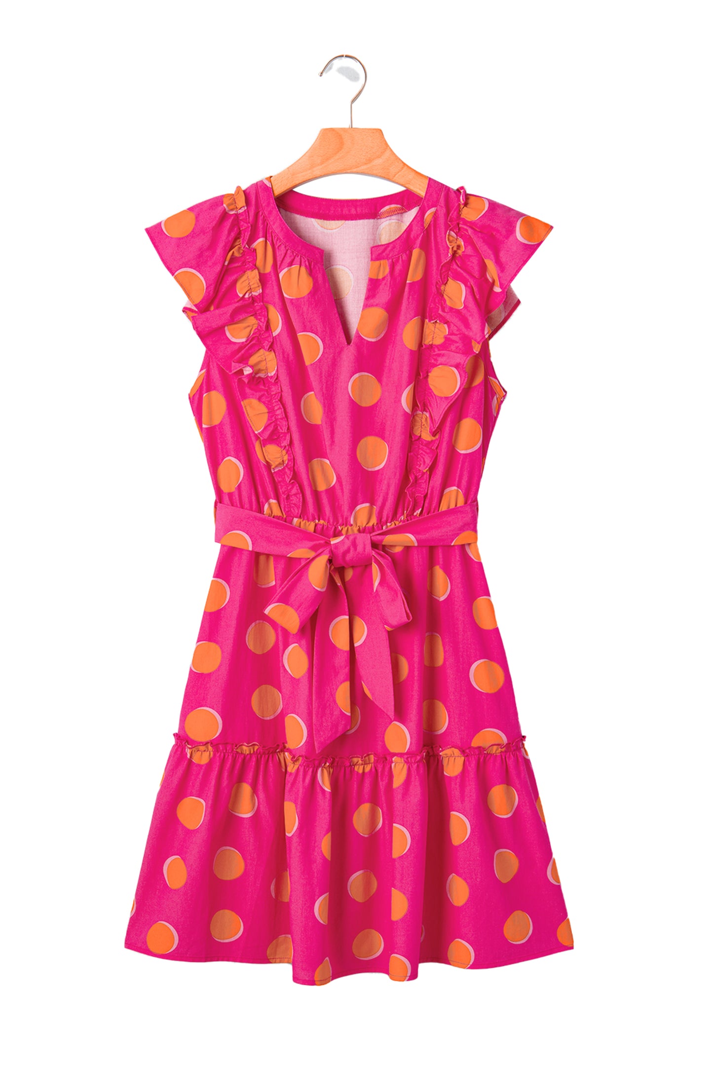 Rose Double Polka Dot V Neck Ruffled Short Sleeve Dress